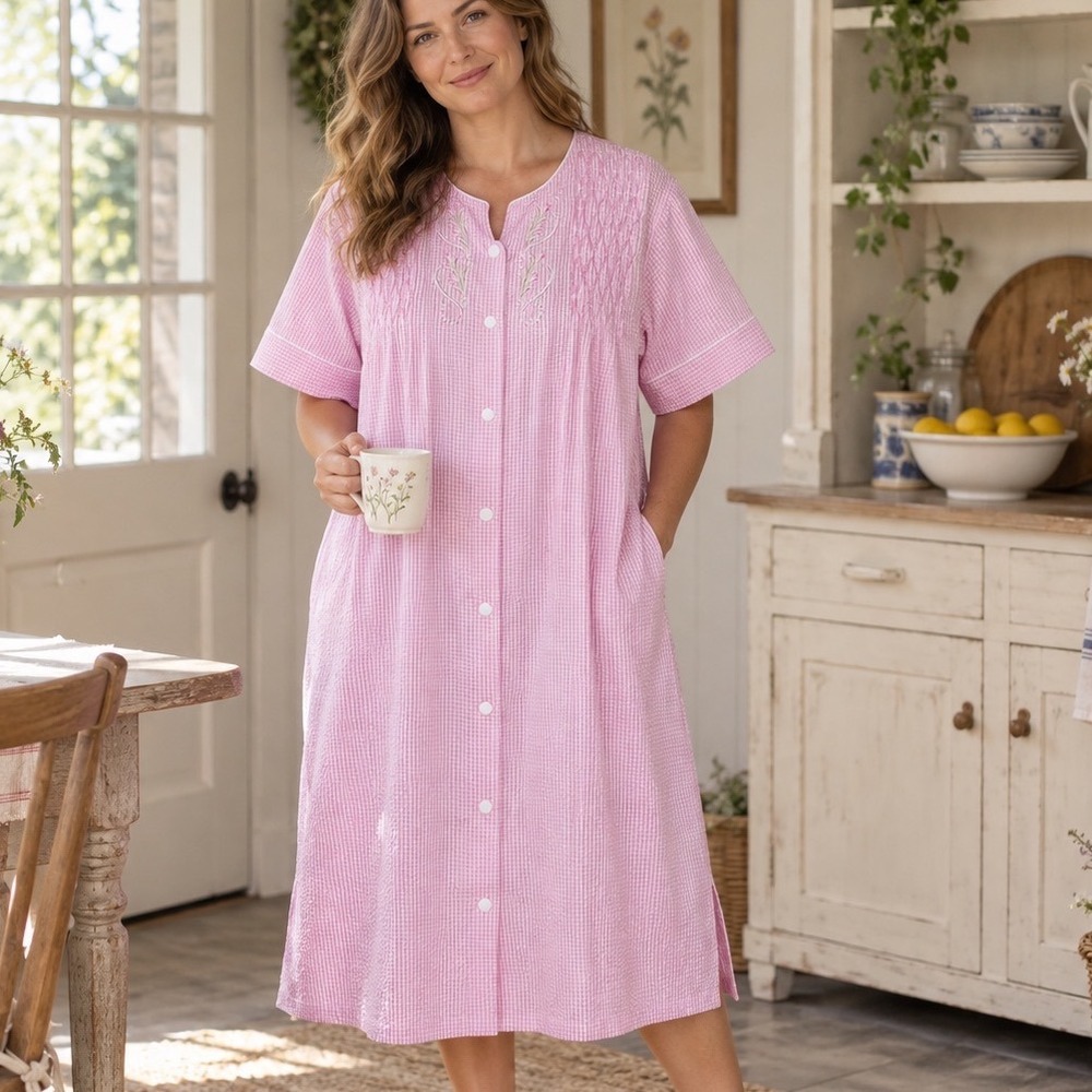 Miss Elaine Pink Gingham Seersucker Snap Front Duster Robe House Dress XL